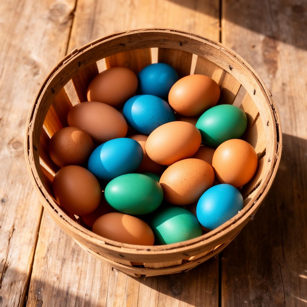 Rustic basket filled with colorful farm fresh eggs in brown, blue, green, and teal