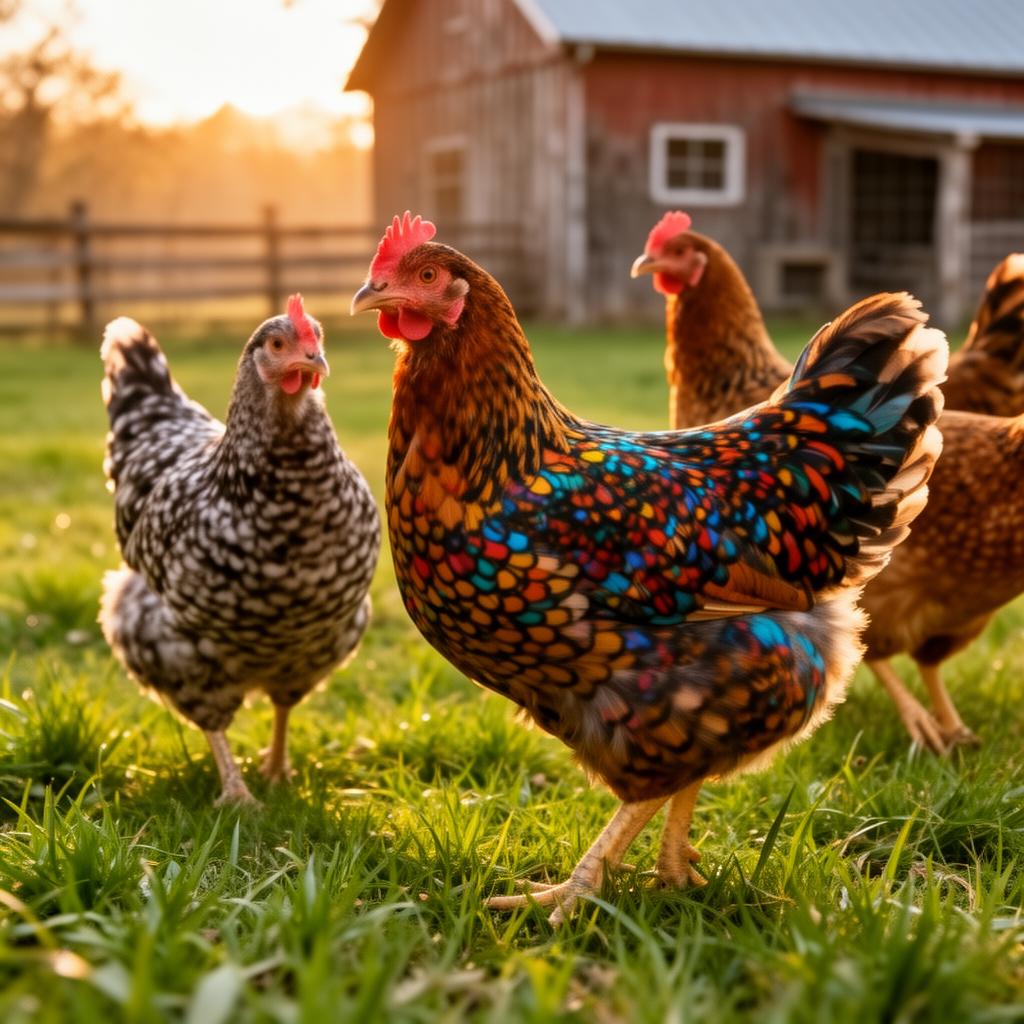 Easter Egger hens with colorful feathers in a farm setting