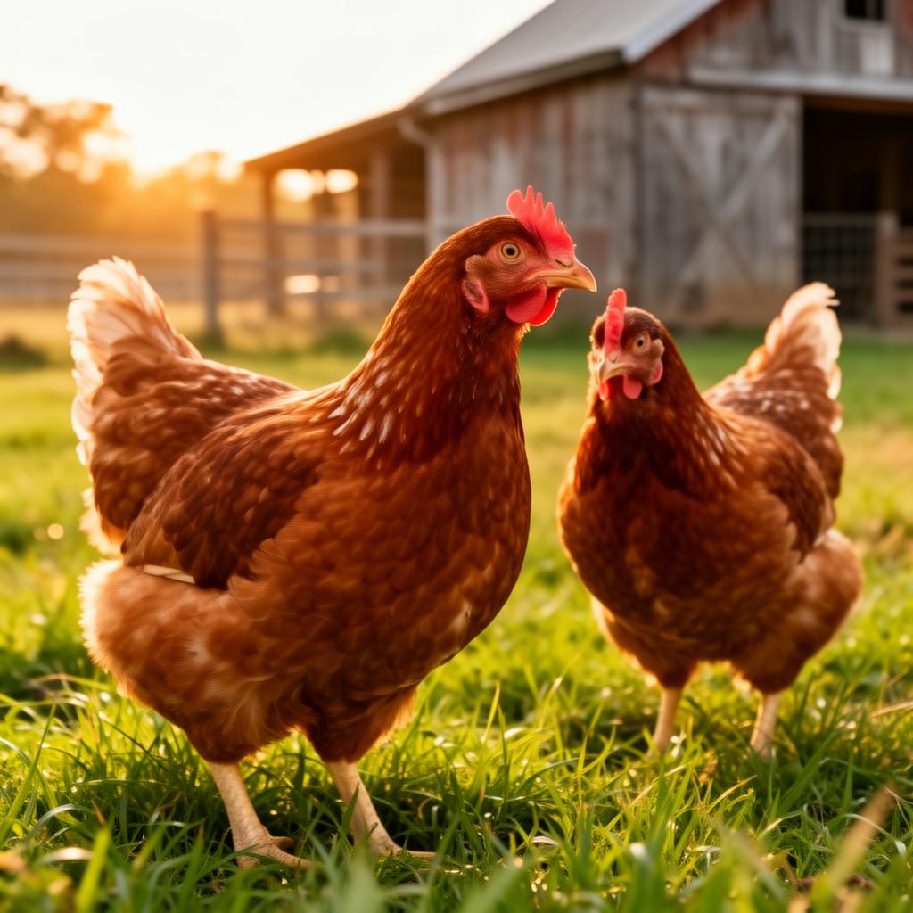 Red Sex Link hens in a sunny farm pasture